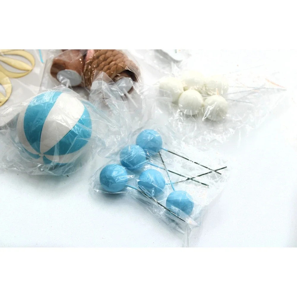 18 pcs Hot Air Balloon Teddy Bear Cake Topper Set Blue White Gold